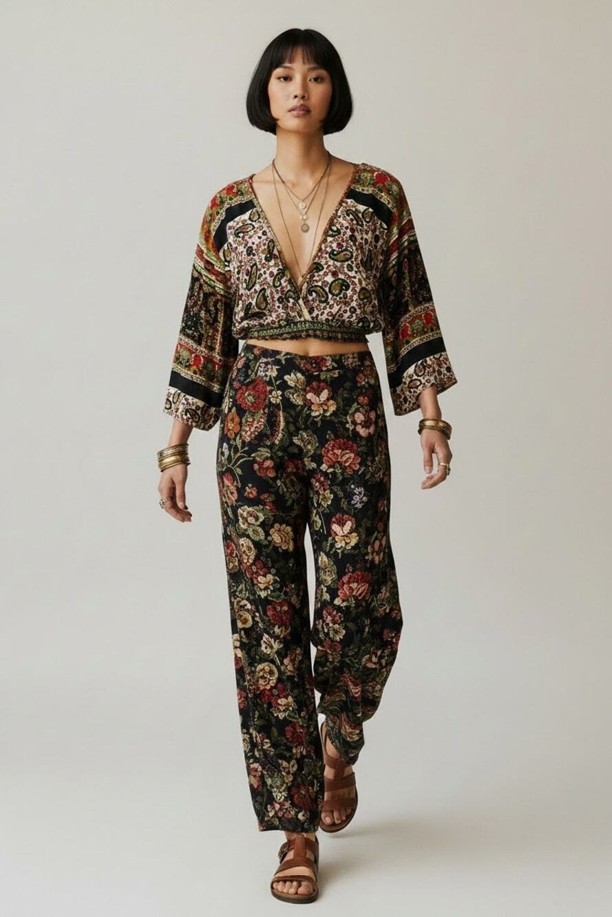 Culture Shop Boho Paisley Crop Top V-Neck Smocked Festival Blouse Long Sleeve S